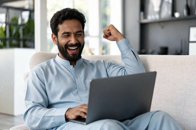 A person cheering at the laptop